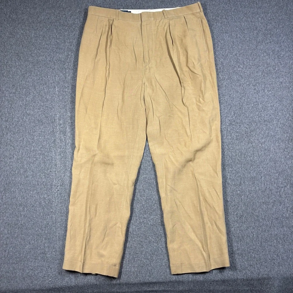 Polo Ralph Lauren Mens 38X30 Tan Linen Silk Pleated Cuffed Dress Pants Trousers